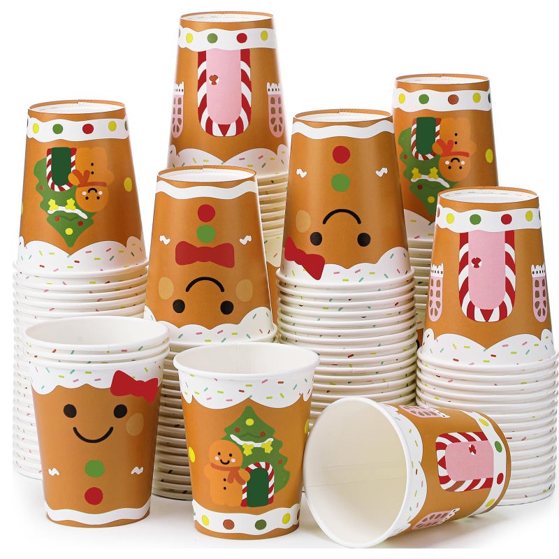 Funtery 100 Pieces Christmas Gingerbread Paper Cups Hot Chocolate Cups Xmas Disposable Coffee Cup Gingerbread Man Christmas Tree Candy Xmas 9 Ounce Drinking Tea Paper for Daily Use Holiday - Image 1